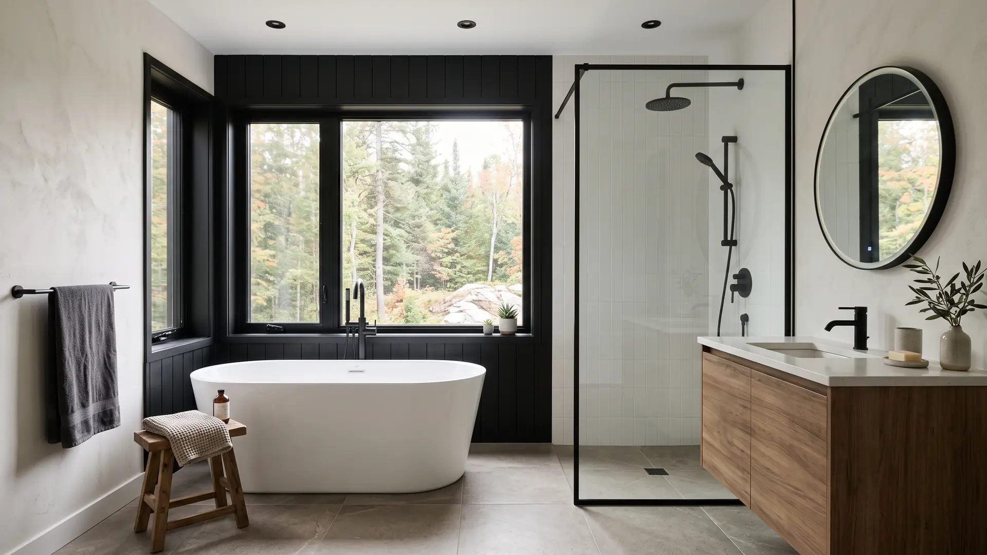 Salle de bain blanche moderne, baignoire autoportante, douche vitrée et vue sur la forêt